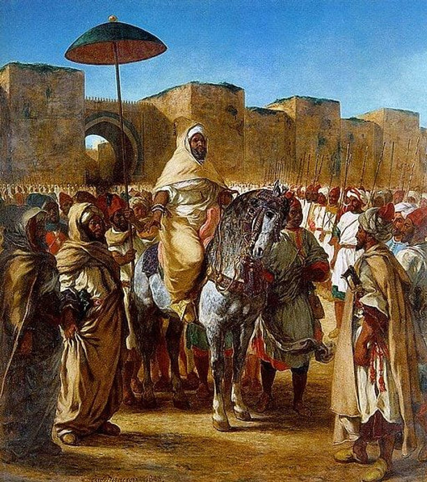 Historical illustration depicting the arrival of early Muslim leaders and troops in Morocco, marking the beginning of the Islamic era.