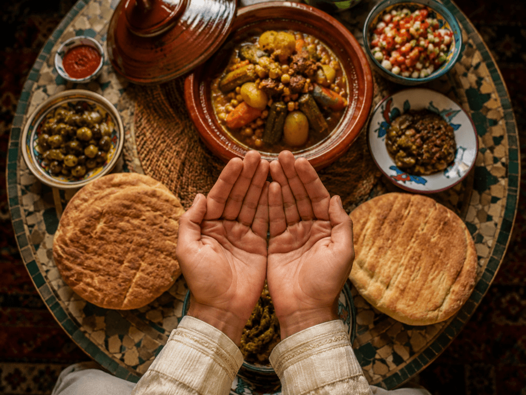 Mains ouvertes en prière avant un repas marocain traditionnel autour d’un tajine