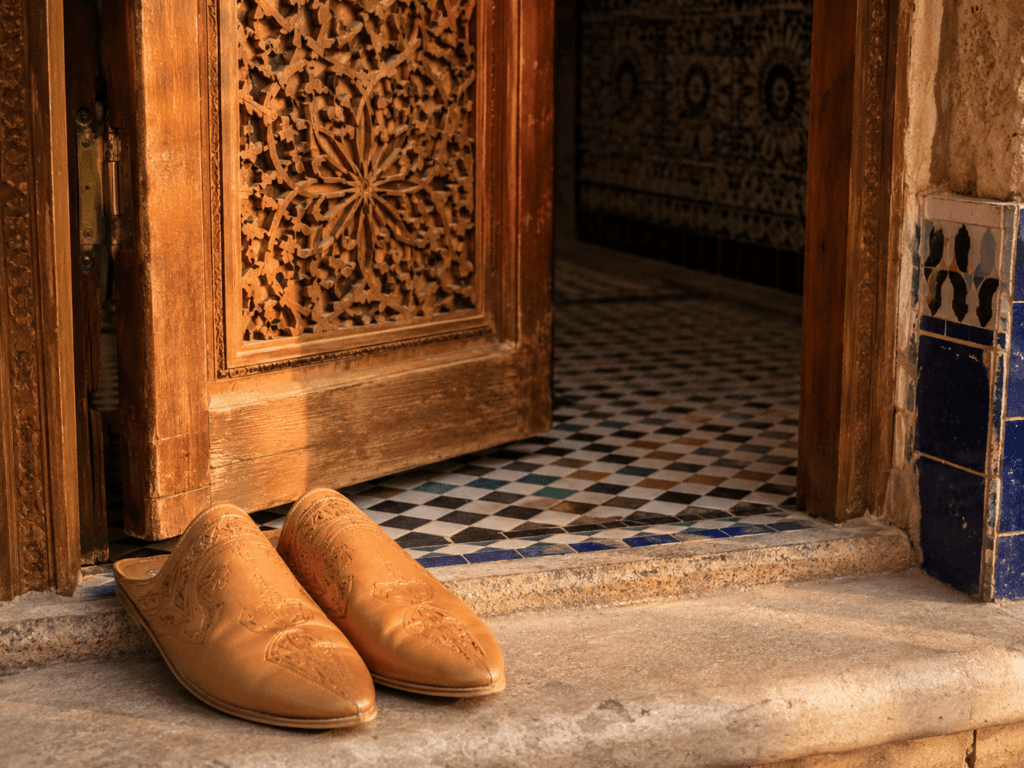 Babouches marocaines posées devant une porte en bois sculpté avec zellige