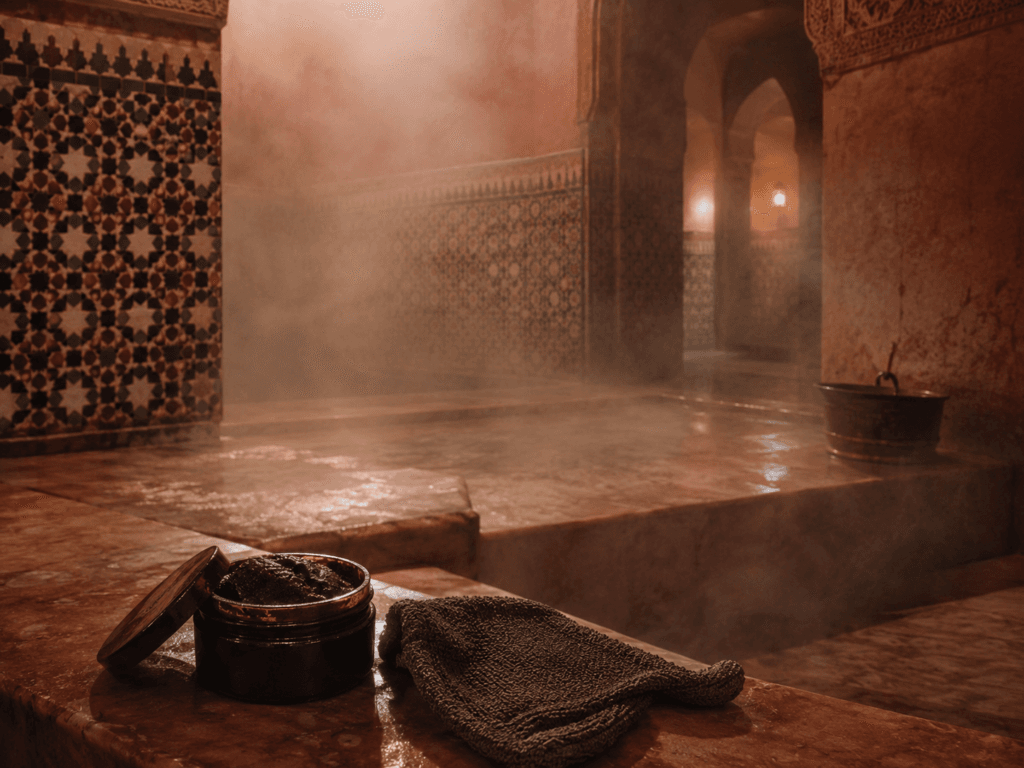 Hammam marocain traditionnel avec gant kessa et savon beldi sur un banc en pierre