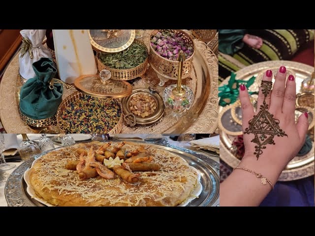 Nuit du henné marocaine avec plateau traditionnel et main décorée de henné