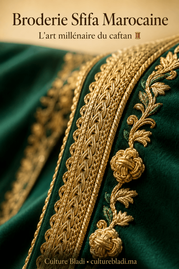 Broderie sfifa marocaine sur caftan doré — art millénaire du Maroc