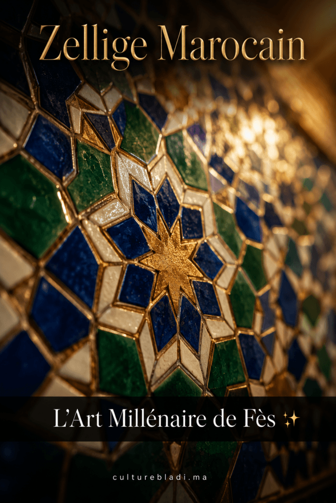 Zellige marocain — mosaïque géométrique bleue et or de Fès