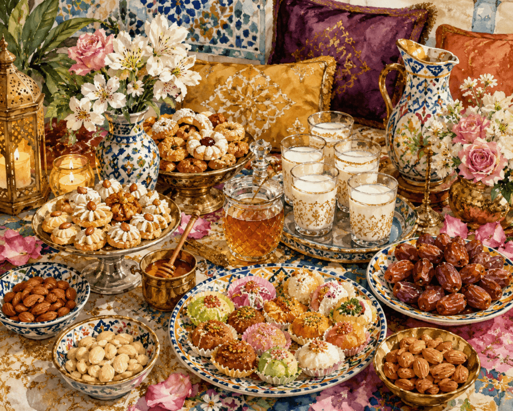 Table de la Mimouna, fête judéo-marocaine avec pâtisseries, miel, dattes et lait