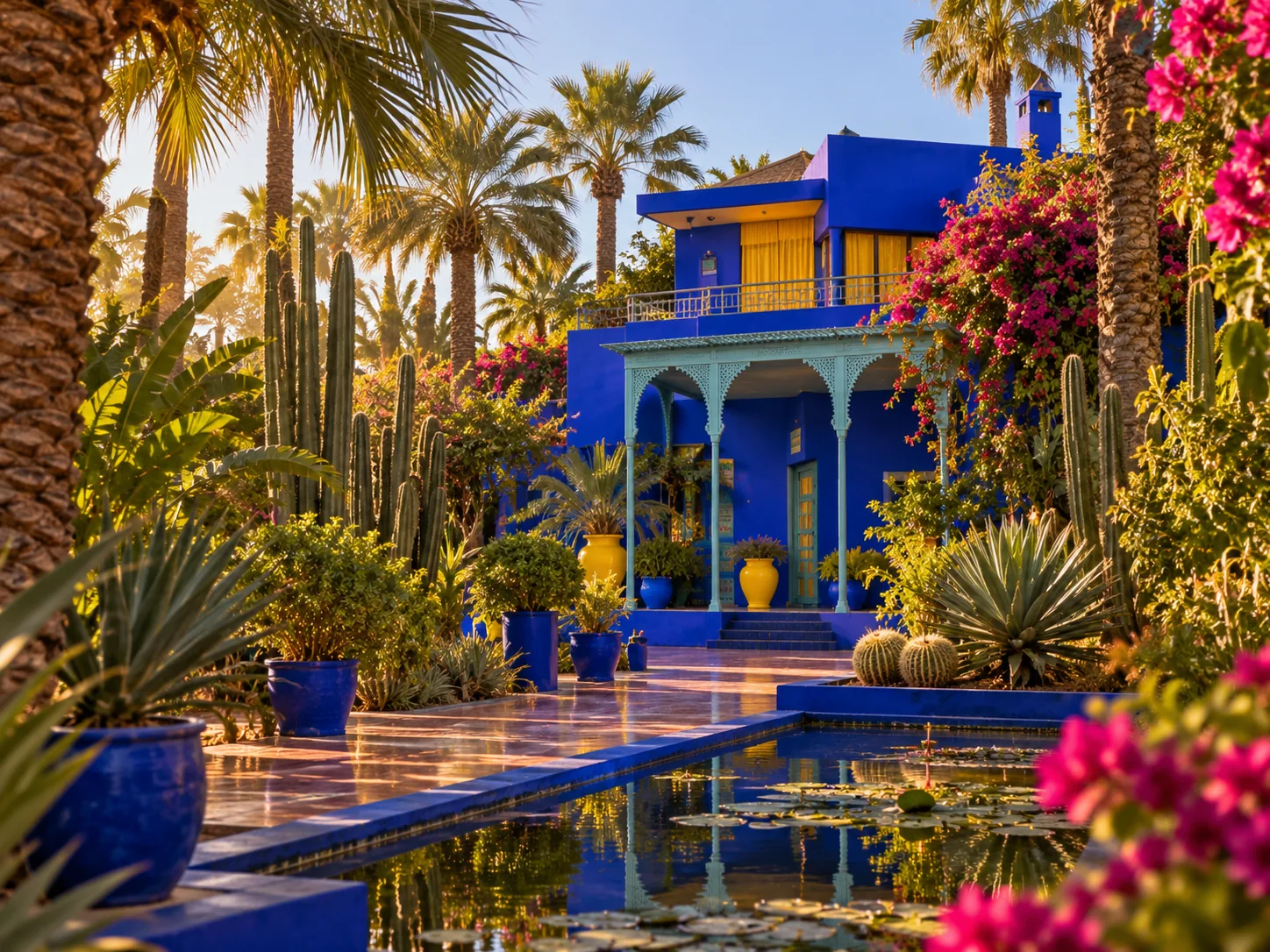 Jardin inspiré du Jardin Majorelle à Marrakech, bâtiment bleu cobalt, palmiers et cactus