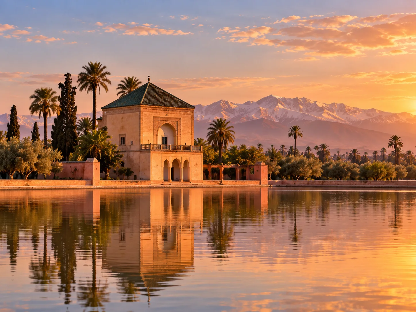 Jardins de la Ménara à Marrakech avec pavillon, bassin réfléchissant et montagnes de l'Atlas
