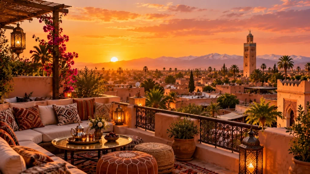 Terrasse traditionnelle marocaine avec vue sur la médina de Marrakech et le minaret de la Koutoubia au coucher du soleil.