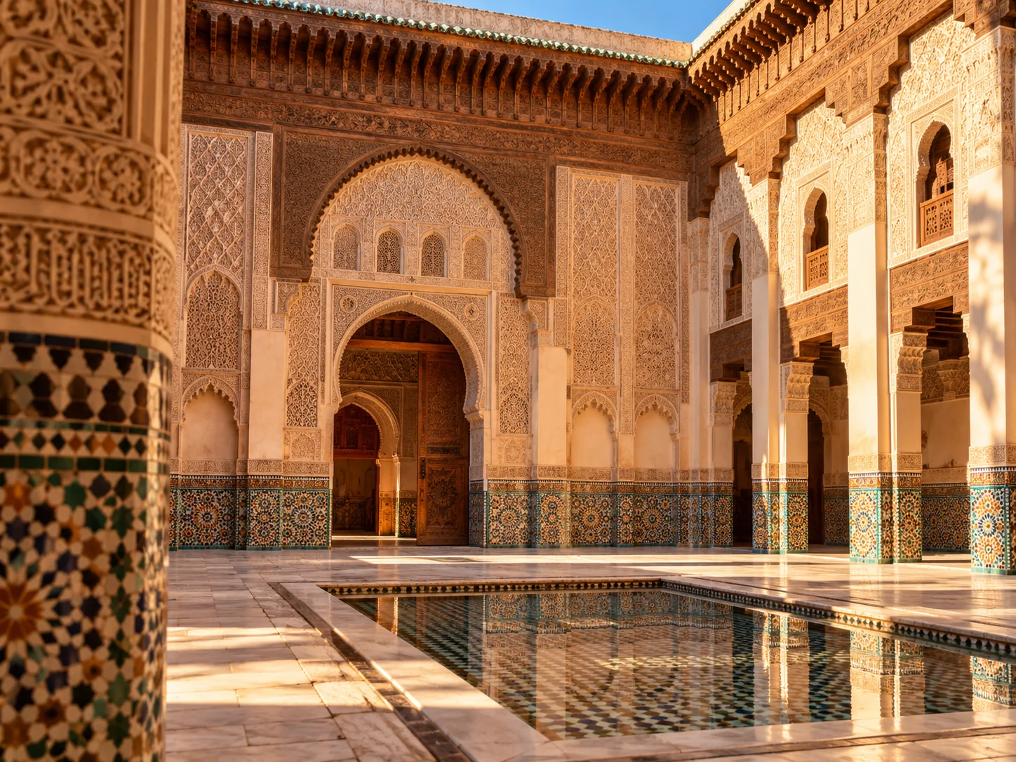Que faire à Marrakech en 3 jours : cour inspirée de la médersa Ben Youssef, avec zellige et décors sculptés