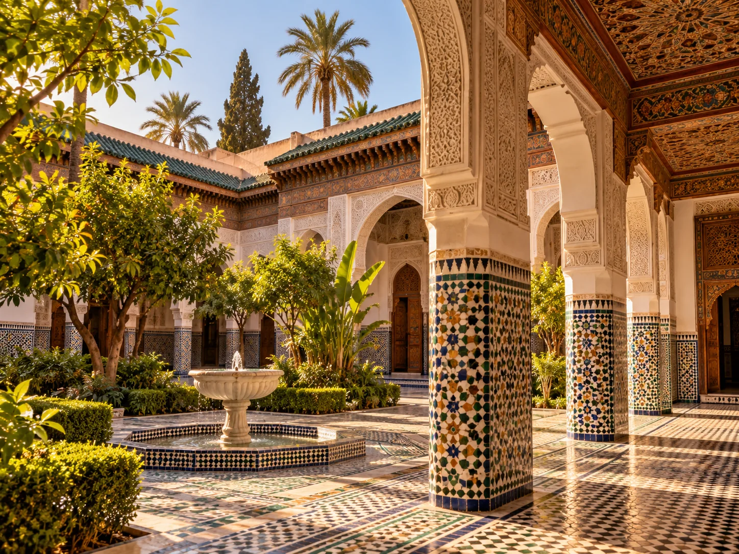 Cour inspirée du palais de la Bahia à Marrakech, fontaine, arcades sculptées et mosaïques de zellige
