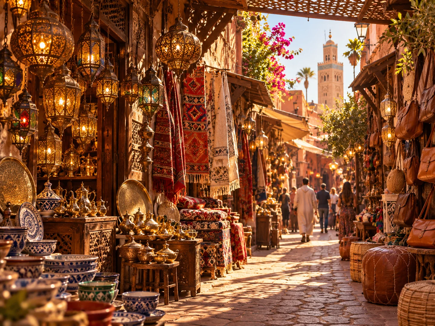 Illustration des souks de Marrakech avec échoppes d'artisanat, lanternes, tapis et poteries traditionnelles